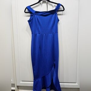 SHEIN Off-Shoulder Royal Blue Midi Dress with Ruffle Hem